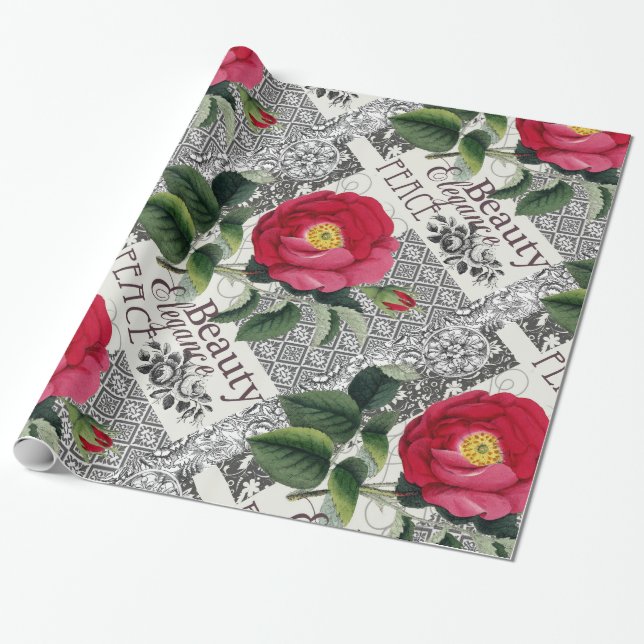 Papel De Regalo Antigüedad floral de la Bonito de Damasco Rosa (Desenrollado)