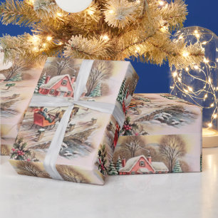 Papel De Regalo Antiguo carruaje de caballos de Navidad Victoriano