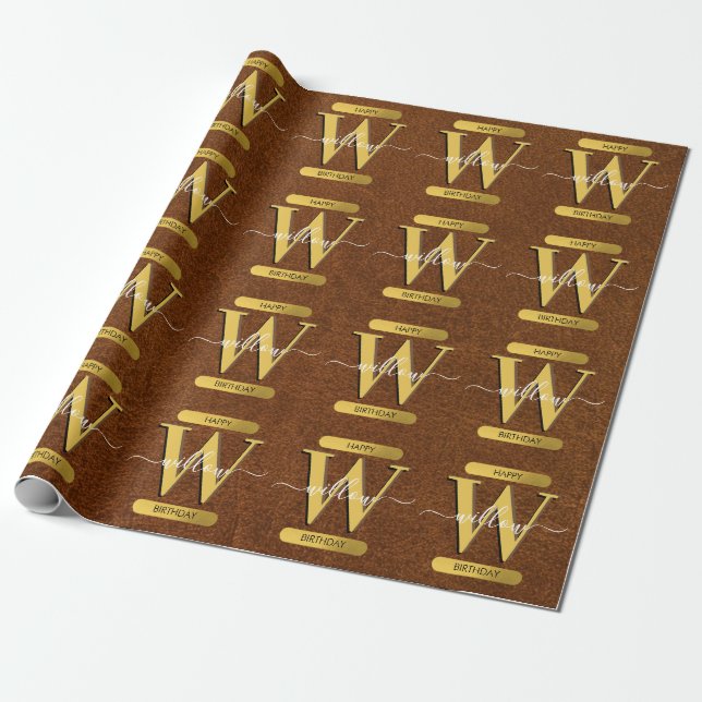 Papel De Regalo Antiguo Monograma Faux Leather & Gold Cumpleaños (Desenrollado)