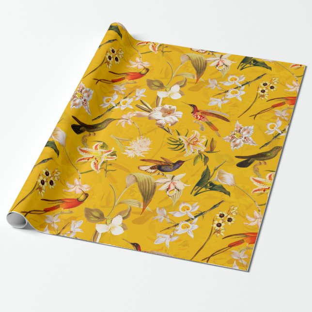 Papel De Regalo Antiguo patrón de colibría tropical amarillo (Desenrollado)