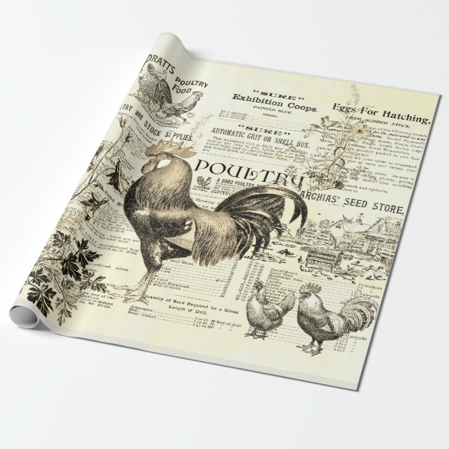 Papel De Regalo Antiguo Rooster Horticultura Ands Ephemera Beige (Desenrollado)