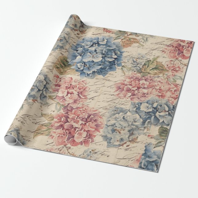 Papel De Regalo Antique Blue and Pink Hydrangea Ephemera Script  (Desenrollado)