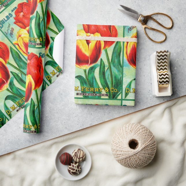 Papel De Regalo Antique Garden Advertisement, Yellow Red Tulips (Artesanía)