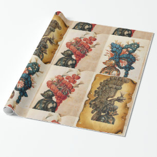 PAPEL DE REGALO ANTIQUE KNIGHT HELMET CON ALIMENTOS EAGLES DRAGONS