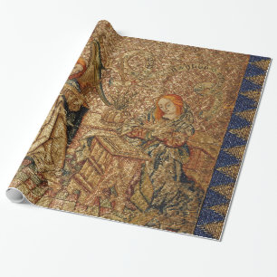 PAPEL DE REGALO ANUNCIACIÓN ANTIGUA BROIDERÍA AZUL DE ORO ORO