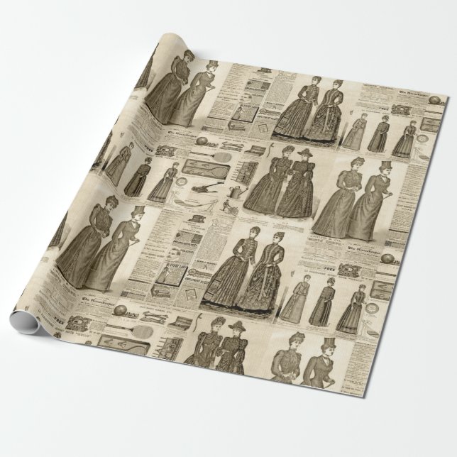 Papel De Regalo Anuncios de periódicos de época con barro rústico (Desenrollado)