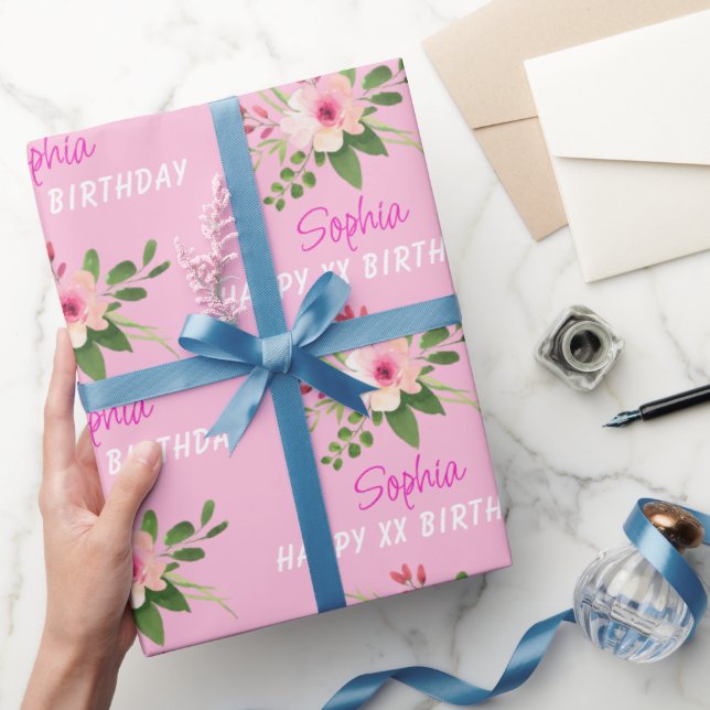 Papel De Regalo Any Birthday, Name, Pink Watercolor Flower (Regalar)