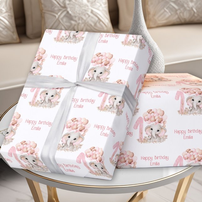Papel De Regalo Apellido Cute Elephant 1er cumpleaños Rosa Nombre  (Cute Elephant 1st Birthday Girl Pink Personalized Wrapping Paper)