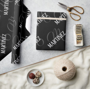 Papel De Regalo Apellido personalizado elegante negro   Nombre