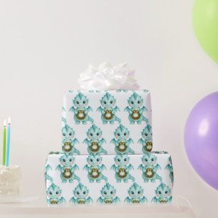 Papel De Regalo Aqua Acuarela Dragón Bebé Corona de Navidad