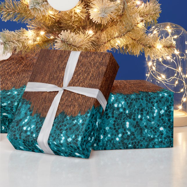 Papel De Regalo Aqua azul chispas purpurina madera marrón rústica (Vacaciones)