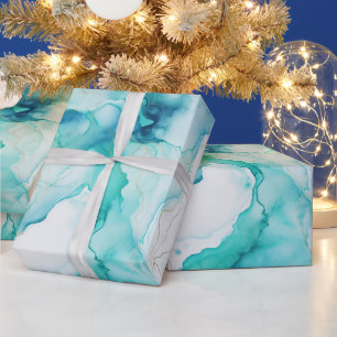 Papel De Regalo Aqua Blue Mint Gold Marble Blanco