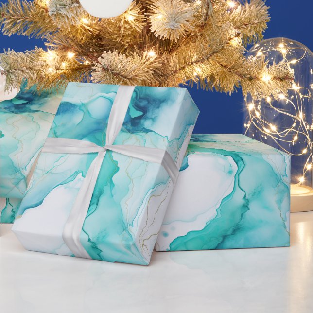 Papel De Regalo Aqua Blue Mint Gold Marble Blanco (Vacaciones)
