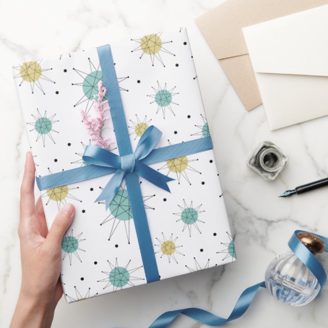 Papel De Regalo Aqua Blue Yellow Franciscan Starburst Mid Century (Regalar)