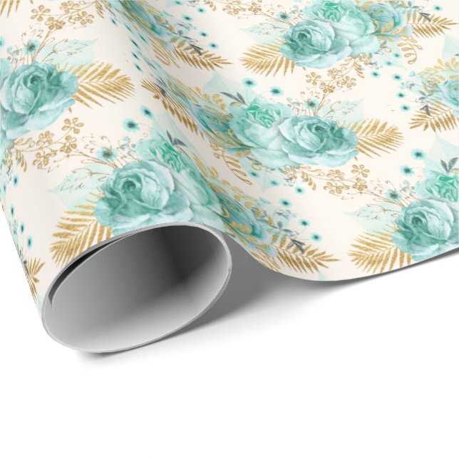 Papel De Regalo Aqua Cream Gold Floral (Esquina del rollo)