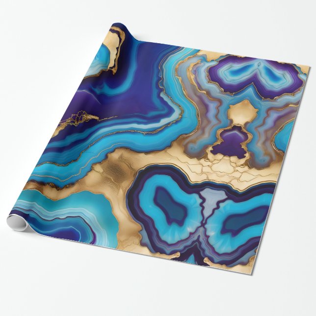 Papel De Regalo Aqua Gold Blue Purple Veins Agite (Desenrollado)