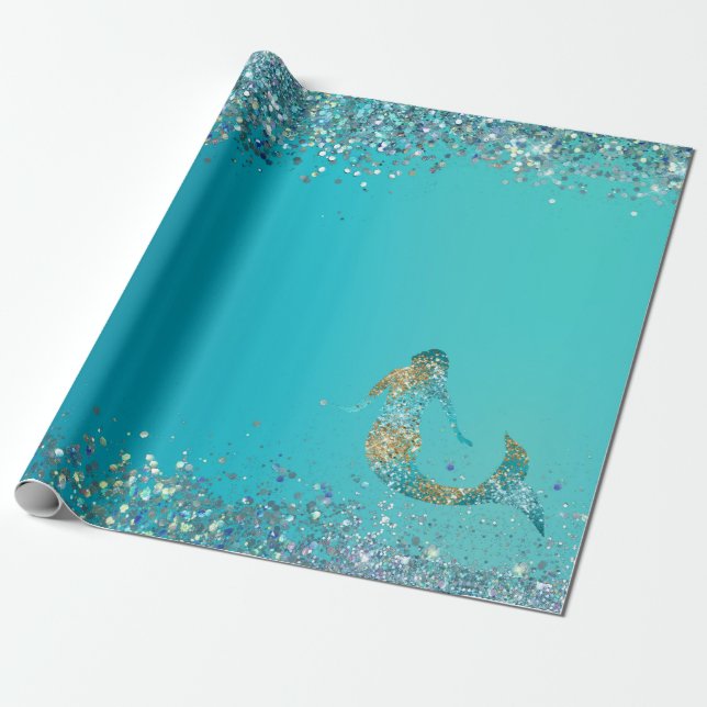 Papel De Regalo Aqua Gold Purpurina Sparkle Mermaid      (Desenrollado)