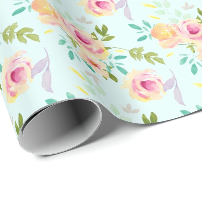 Papel De Regalo Aqua Ombre Flor Amarilla Rosa (Esquina del rollo)
