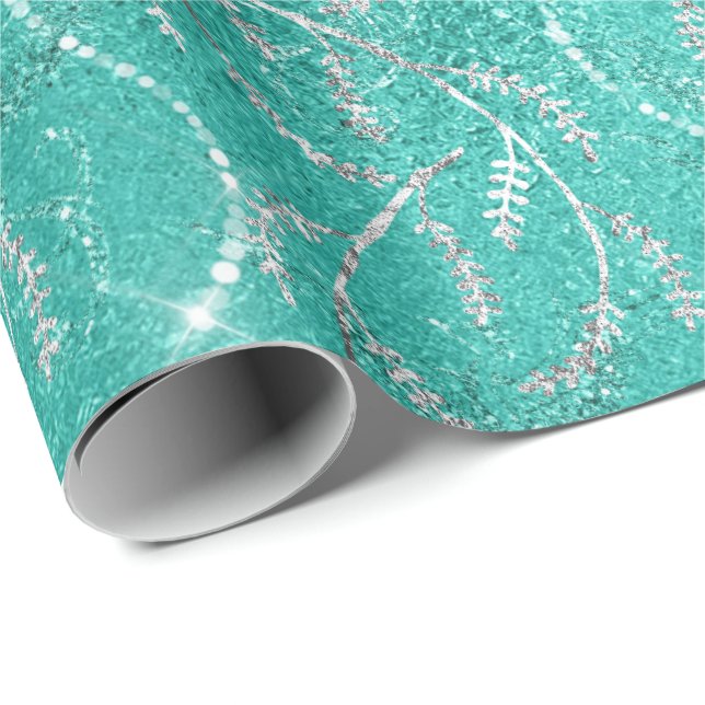 Papel De Regalo Aqua Tiffany Mint Laurel Floral Silver Diamantes (Esquina del rollo)