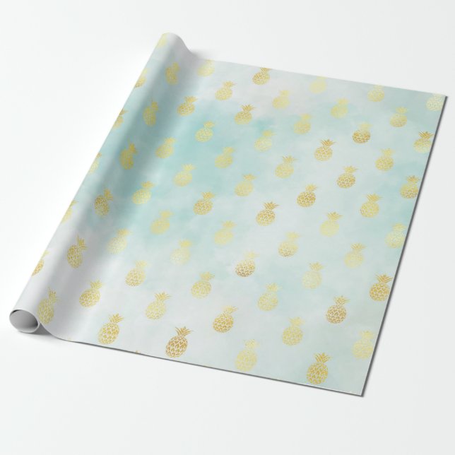 Papel De Regalo Aqua White Gold Glam Tropical Glam Pineapples (Desenrollado)