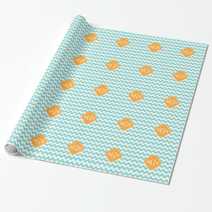 Papel De Regalo Aqua Wht Chevron Cantaloupe Quatrefoil 3 Monograma