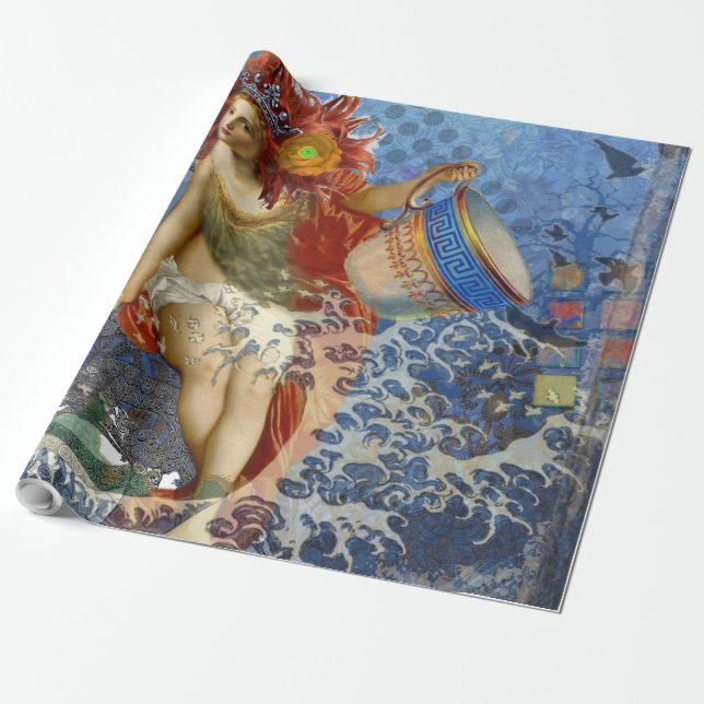 Papel De Regalo Aquarius Mermaid Arte Gótico Azul (Desenrollado)