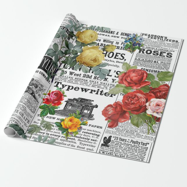Papel De Regalo * AR23 Rosas Floral Flor Vibrage Newsprint  (Desenrollado)