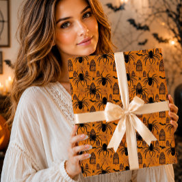 Papel De Regalo Araña Gótica Gigante Espeluznante Naranja