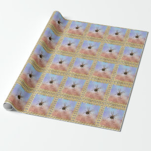 Papel De Regalo Arañas en grano azul y dorado, marco art deco