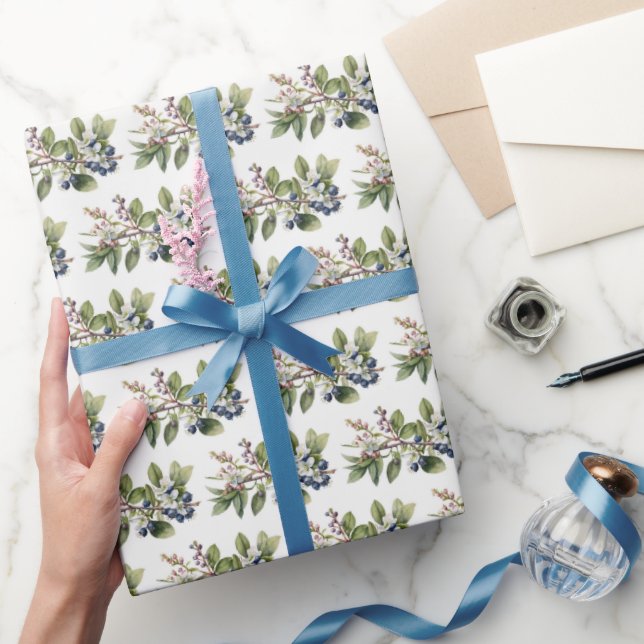 Papel De Regalo Arándanos y flores en blanco (Regalar)