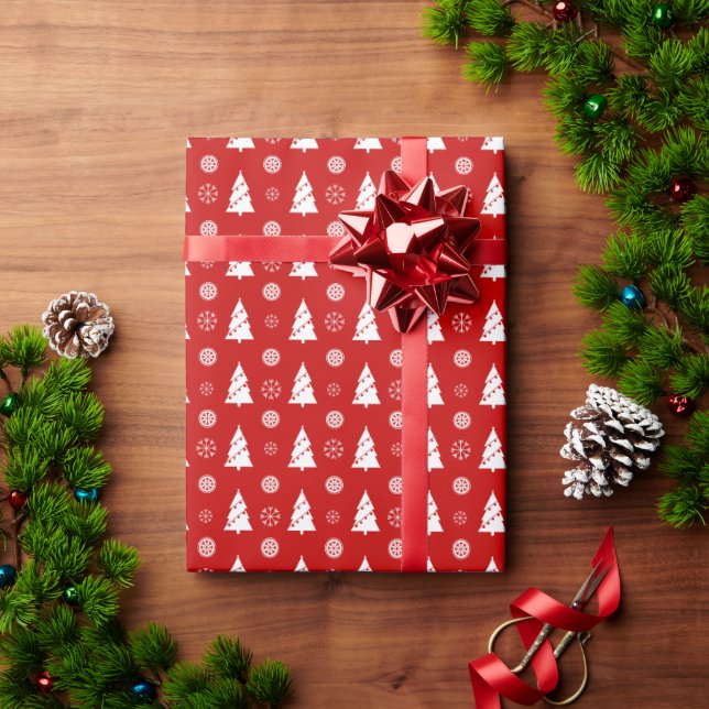 Papel De Regalo Árbol blanco de Navidad en fondo rojo (Regalo de vacaciones)