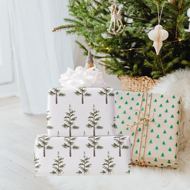 Papel De Regalo Árbol de acuarela verde Pino de invierno moderno (Subido por el creador)