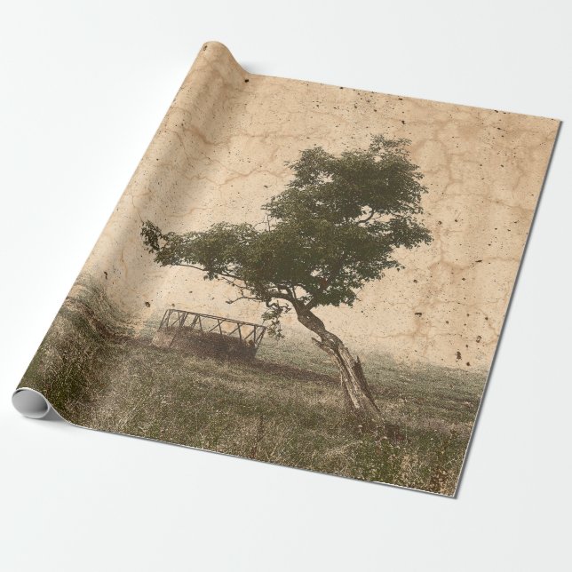 Papel De Regalo Árbol de campo rústico granja antigua beige (Desenrollado)