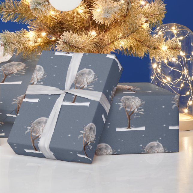 Papel De Regalo Árbol de invierno con luna y búho (Vacaciones)