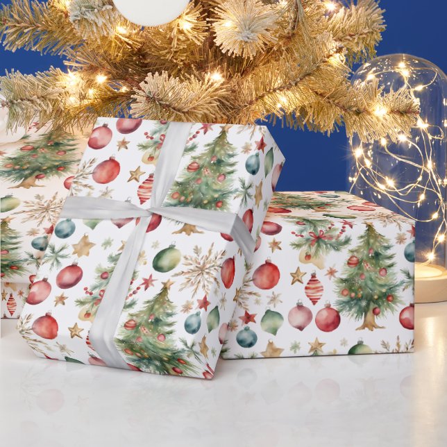 Papel De Regalo Árbol de Navidad acuarela con adornos (Vacaciones)
