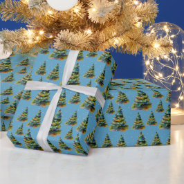 Papel De Regalo Árbol de navidad acuarela Dibujo azul