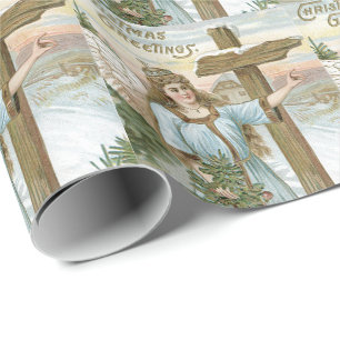 Papel De Regalo Árbol de Navidad Ángel Cruz Invierno Cabaña