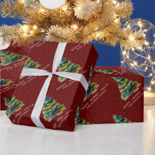 Papel De Regalo Árbol de Navidad Artístico Acuarela Alegre Navideñ