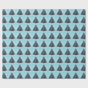 Papel De Regalo Árbol de Navidad Artístico Azul Dorado Copos de Ni