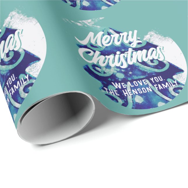 Papel De Regalo Árbol de Navidad Artístico Azul Script Alegre (Esquina del rollo)