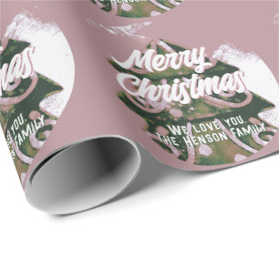 Papel De Regalo Árbol de Navidad Artístico Verde Rosa Alegre Escri