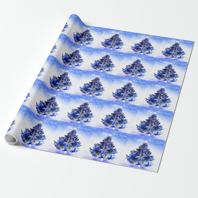 Papel De Regalo árbol de navidad azul decorado con personalizable (Desenrollado)