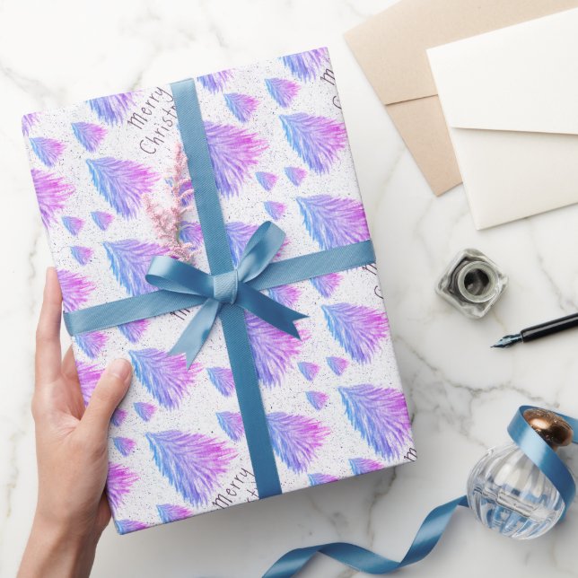 Papel De Regalo Árbol de navidad azul rosado festivo acuarela (Regalar)