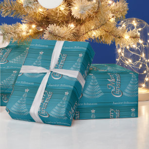 Papel De Regalo Árbol de Navidad azul turquesa y plateado
