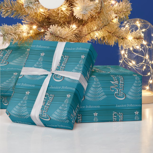 Papel De Regalo Árbol de Navidad azul turquesa y plateado (Vacaciones)