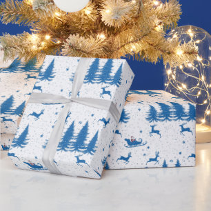 Papel De Regalo Árbol De Navidad Azul Y Santa Sleigh