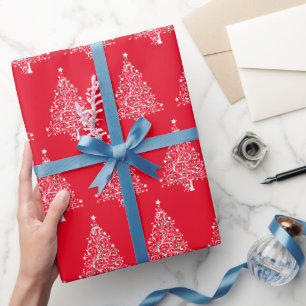 Papel De Regalo árbol de Navidad blanco fondo rojo elegante chic