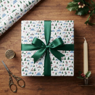 Papel De Regalo Árbol de Navidad Chalé Alpino Tema Montaña Nórdica