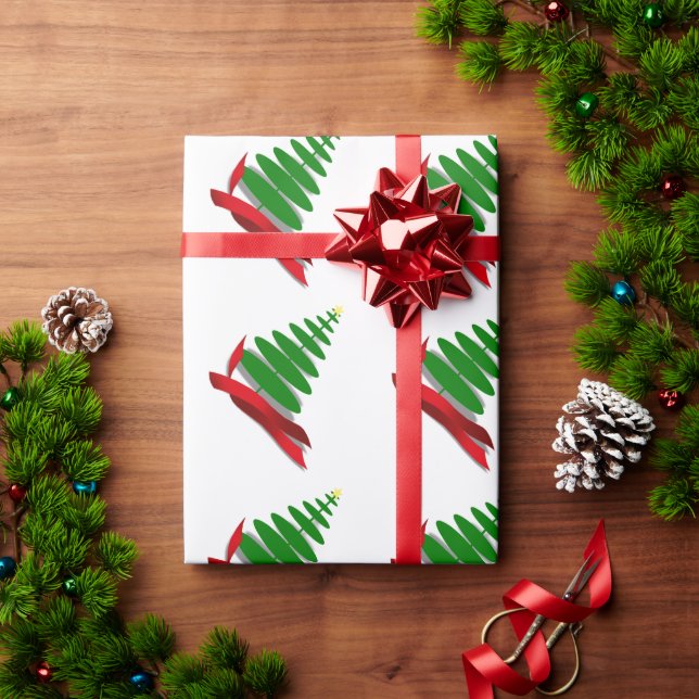 Papel De Regalo Árbol de Navidad con Cinta Roja (Regalo de vacaciones)