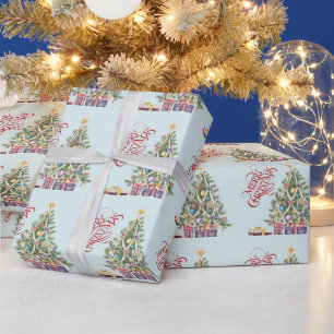 Papel De Regalo Árbol de Navidad con Estrella Dorada y Regalos